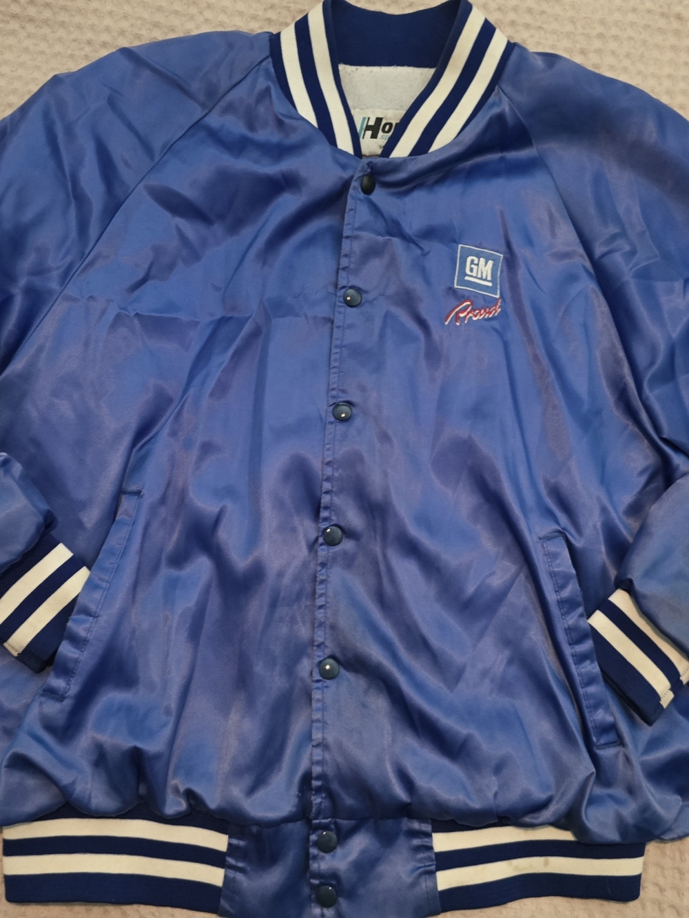 Vintage GM Pride Blue Satin Bomber Jacket